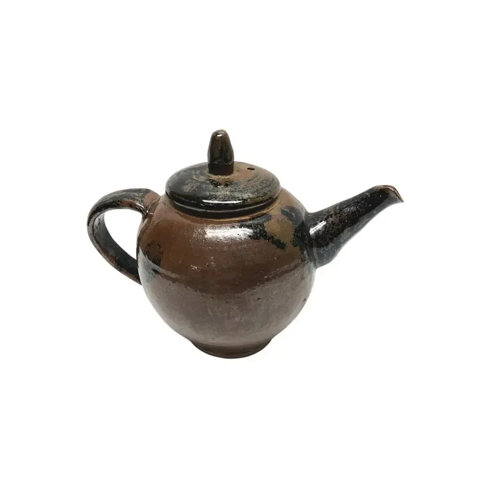 VTG Studio Stoneware Pottery Teapot  Signed Brown Black Splatter Design